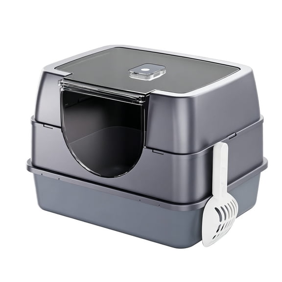 Spacious Flip Top Enclosed Cat Litter Box with Scoop, Gray