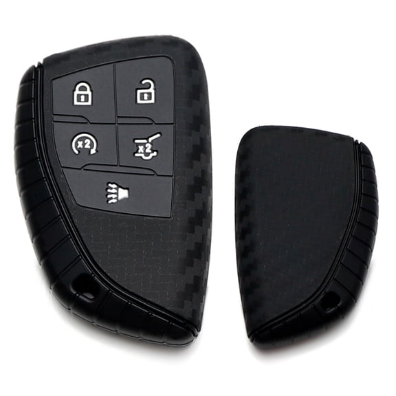 Black Twill Weave Carbon Fiber Pattern Soft Silicone Key Fob Cover For 2021-up Chevrolet Suburban/Tahoe, GMC Yukon 5-Button Smart Key