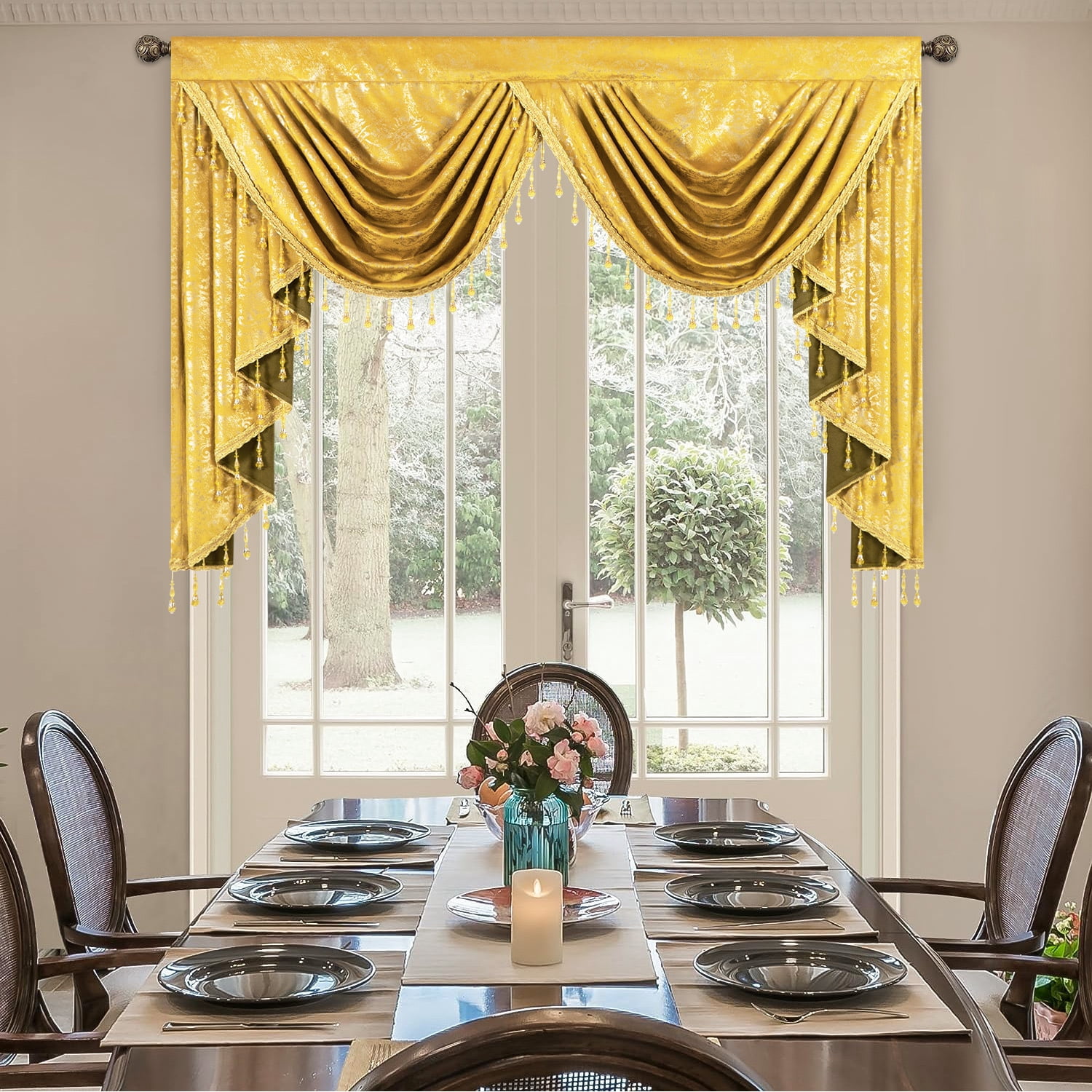 VOGOL Modern Waterfall Swag Valance for Bedroom, Bright Yellow Textured Stripe Printing Velvet Curtain with Beaded Tassels, Vintage Rod Pocket Design, 43x59 Inches, 1 Piece
