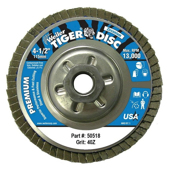 Tiger® Disc Angled Style Flap Disc, 4-1/2 in dia, 40 Grit, 5/8 in-11, 13000 rpm, Type 29