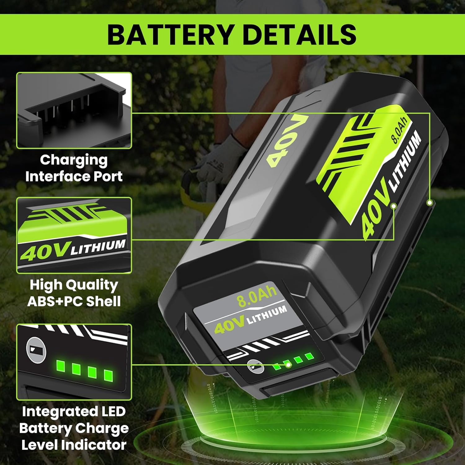 Upgraded 1 Pack 8000mAh Lithium-ion Battery Replacement for Ryobi 40V Battery OP4075A OP40601 OP40602 OP4060A OP4040 OP40401 OP40501 OP4050A
