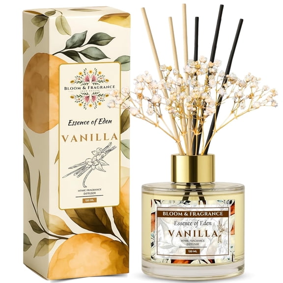 Vanilla Reed Diffuser120ml| Free 6 Fiber Reed Sticks | Stress Relief & Aromatherapy | Long-Lasting Refreshing Air Freshener for Home, Office, Workspace, Bedroom