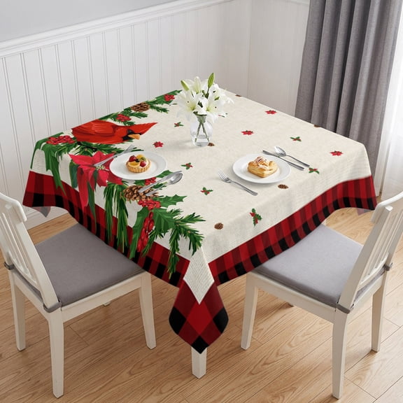 Christmas Cardinal Table Cloth Waterproof Tablecloths, Winter Xmas Poinsettia Holly on Linen Tablecloth Dining Table Cover for Kitchen Party Tabletop Outdoor, Square Tablecloth 54x54 Inch