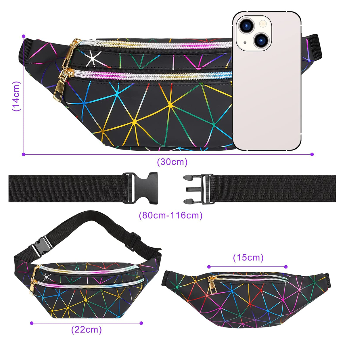Holographic Waist Bags for Women Pink Silver Fanny Pack Women Belt Bag Black Geometric Waist Chest Phone Bag Men - image 2 of 7