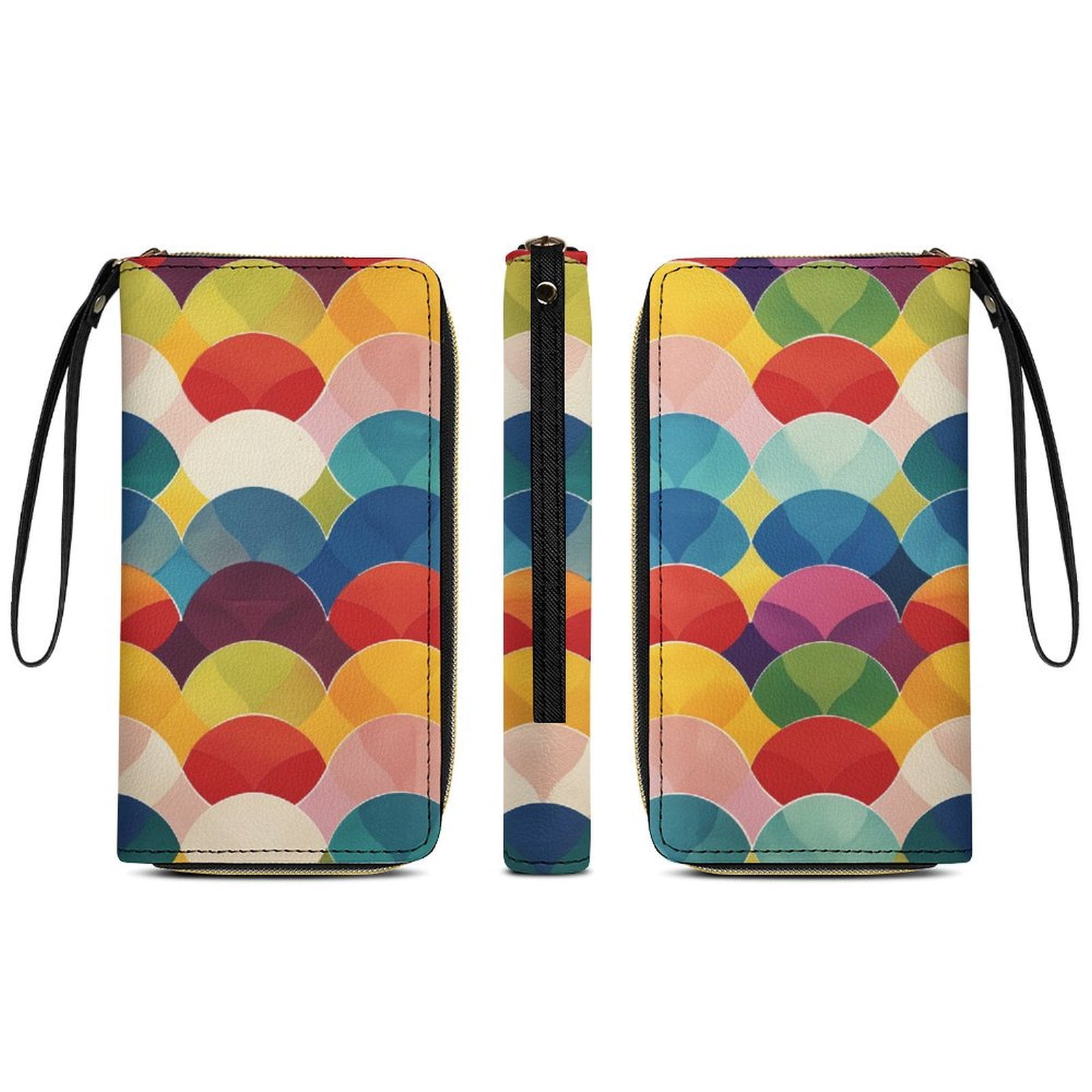 Womens Wallet Bifold Ladies Cluth Bag Wristlet Wrist Strap Long Purse Colorful Waves Vibrant Dynamic Design