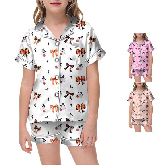 FYDUU Girls Pajamas Children's Halloween Pajama Set 2 Piece Short Sleeve Button Down Shirt and Shorts Soft Sleepwear Outfit 2-3 Years