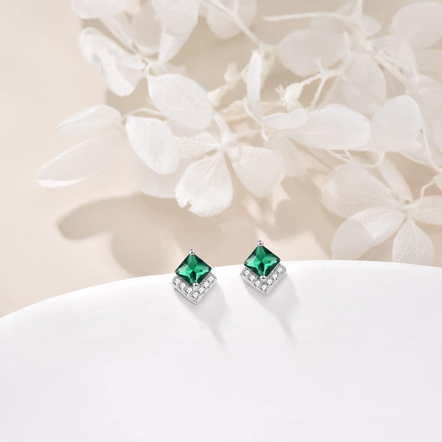 Birthstone Stud Earrings Sterling Silver Square Created Emerald Bright Green Crystal May Earrings Cubic Zirconia Piercing Jewelry Small Gifts for Women Mothers