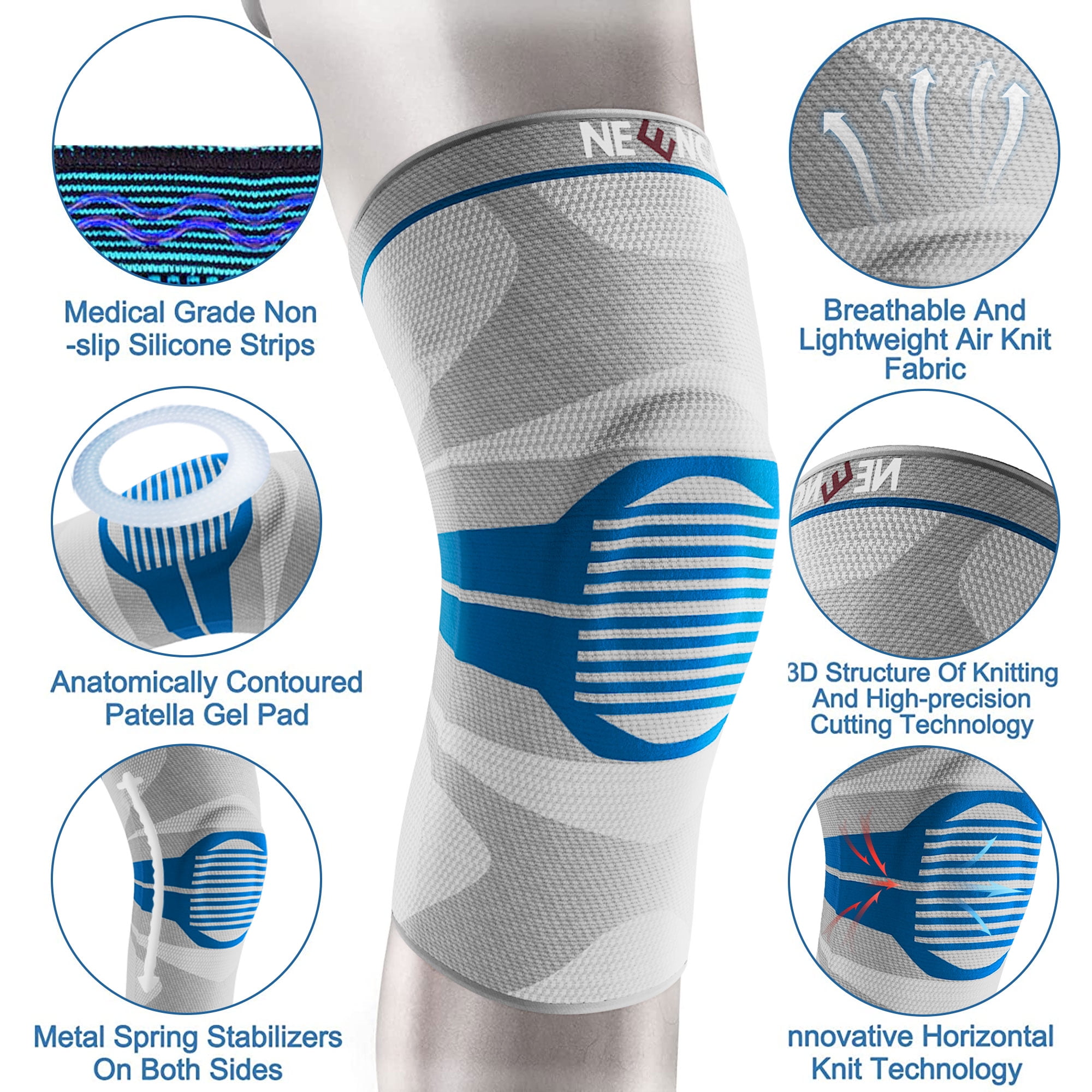 Neenca 2 Pcs Knee Brace for Men Women, Compression Knee Sleeve with Patella Gel Pad & Side Stabilizers, Knee Support Bandage for Pain Relief