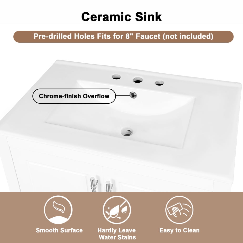 30" Modern Bathroom Vanity with Sink Top,Multi-Functional Wood Bathroom Storage Cabinet with Doors and Drawers,Wood Frame and MDF Board, Large Storage Space,White