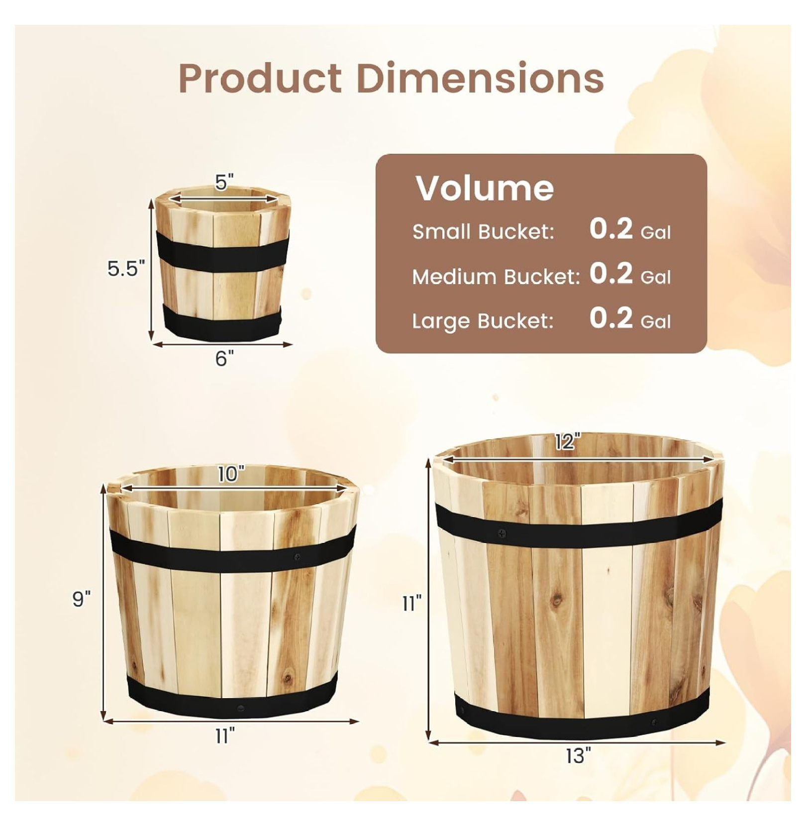 Wooden Plant Pots, 3-Piece Whiskey Barrel Planters w/ Drainage - Indoor Outdoor Flower & Herb Pots for Patio, Garden, Home Decor