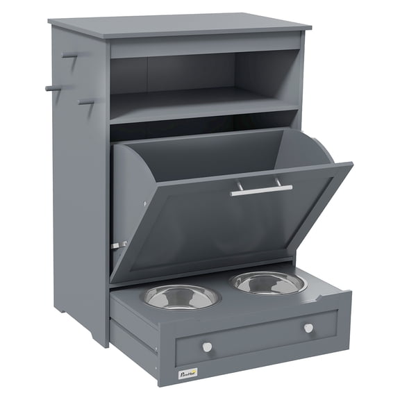 Pet Feeder Station with Storage, Dog & Cat Food Container Cabinet, Raised Bowls, Leash Hooks, Gray