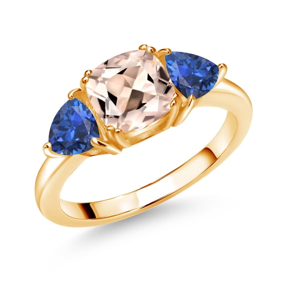 Gem Stone King 18K Yellow Gold Plated Silver Peach Morganite and Blue Created Sapphire 3 Stone Engagement Ring for Women (2.38 Cttw, Gemstone October Birthstone, Size 5)