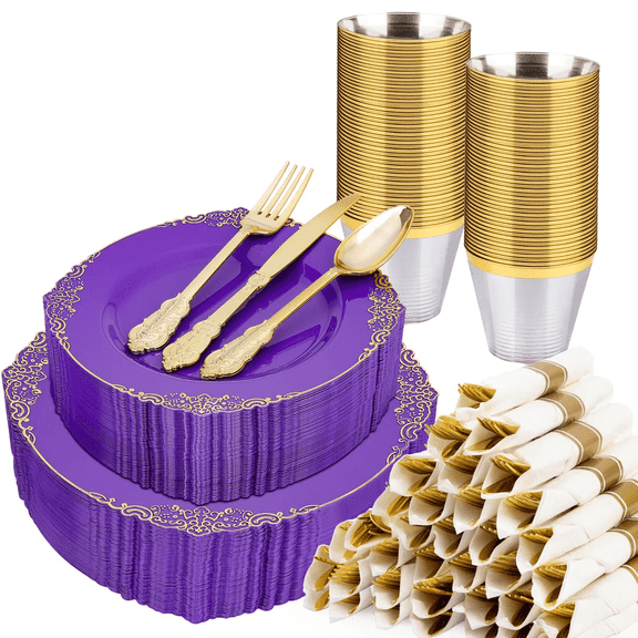 Goodluck 350 PCS Disposable Purple with Gold Rim Plastic Dinnerware Set for 50 Guests, Include: 100 Gold Rim Plastic Plates, 150 Silverwares, 50 Pre Rolled Napkins, 50 Cups for Party, Wedding