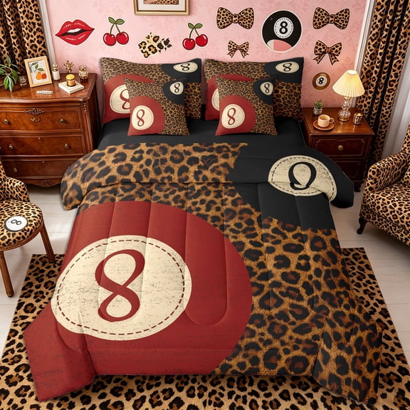 Castle Fairy Red Billiards Twin Bedding 7-Piece, Vintage Leopard Print Bedding Comforter Set, Brown Black,Black Reversible
