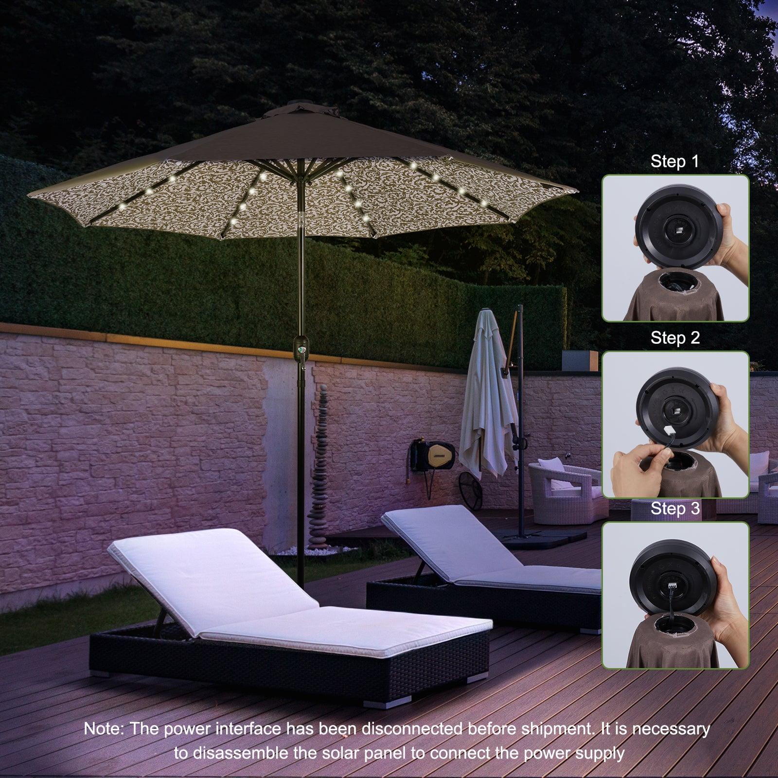 Backyard Expressions 9ft Solar Patio Umbrella with 32 LED Lights – Outdoor Market Umbrella with Tilt & Crank, Solar-Powered Lighting, Water-Resistant Fabric for Patio, Deck, Garden, Pool