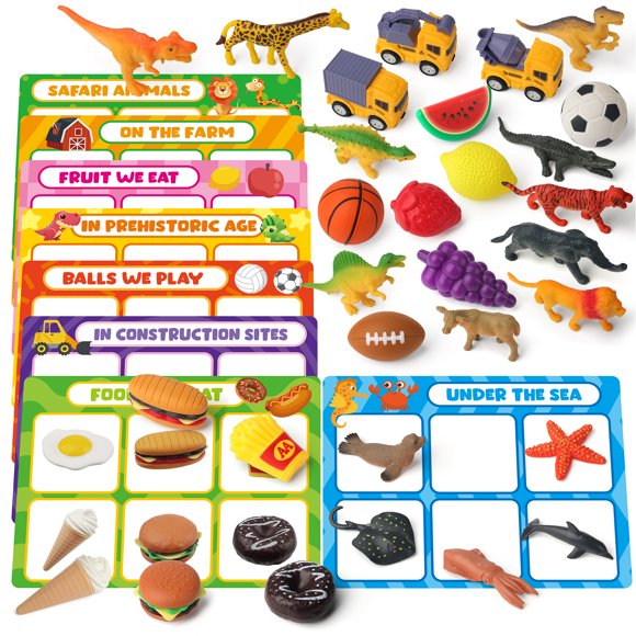 Coogam Jouet Montessori de Motricité Fine, Ensemble de Jeu de Tri et de Reconnaissance des Couleurs et des Formes, Cartes d'Association à Double Face avec Dinosaure&Véhicule&Ferme - Jeu d'Apprentissage Éducatif pour Enfants de 2 3 4 Ans