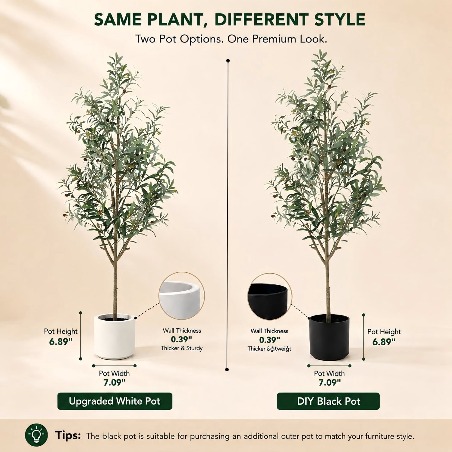 Easy4Home 6.6FT Artificial Olive Tree with Lifelike Fruits Fake Olive Plant Potted Indoor Faux Floor Plant for Home Office Decor, White Pot