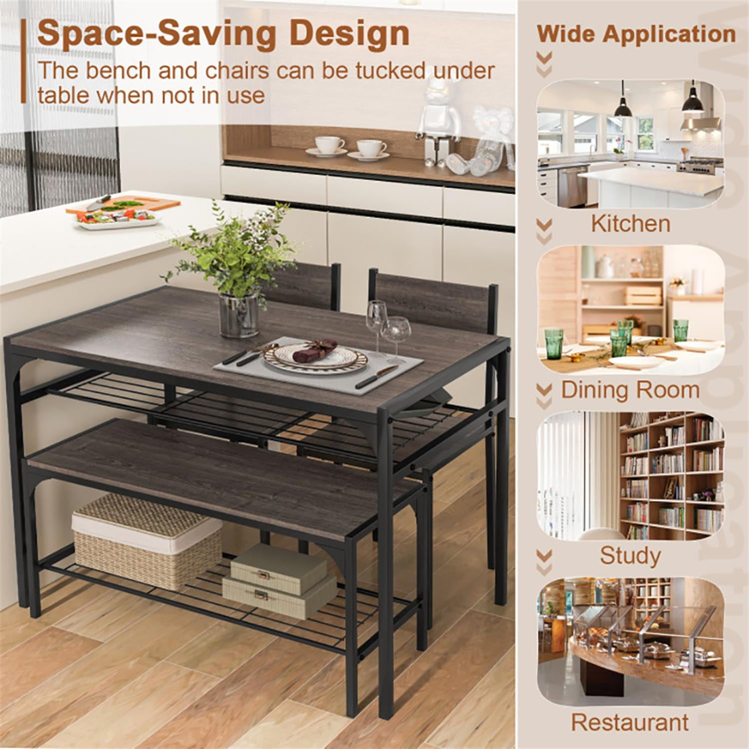 Demi Bonn 4-Piece Dining Table Set with Bench and 2 Chairs, 43"dustrial Kitchen Table with Metal Frame and Storage Rack, Perfect for Small Space, Gray