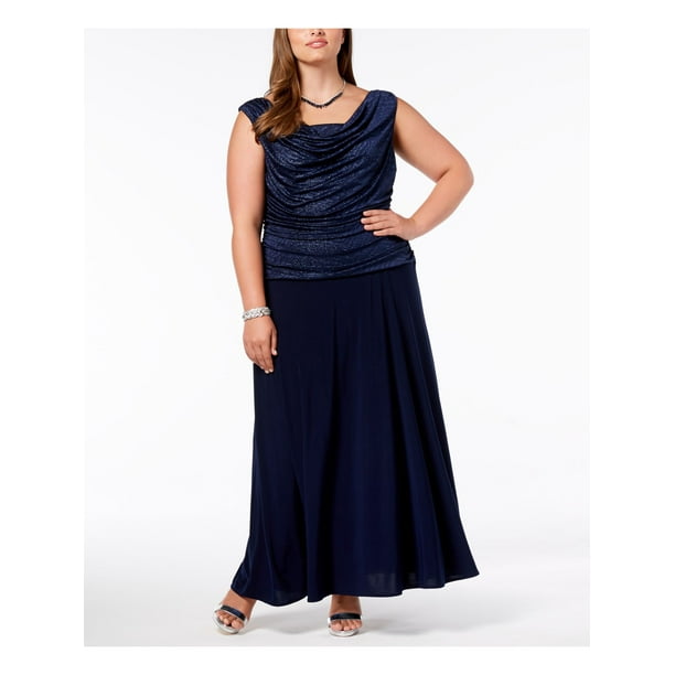 R&M RICHARDS WOMAN Womens Navy Ruched Glitter Gown Sleeveless Cowl Neck  Maxi Evening Dress Plus 22W