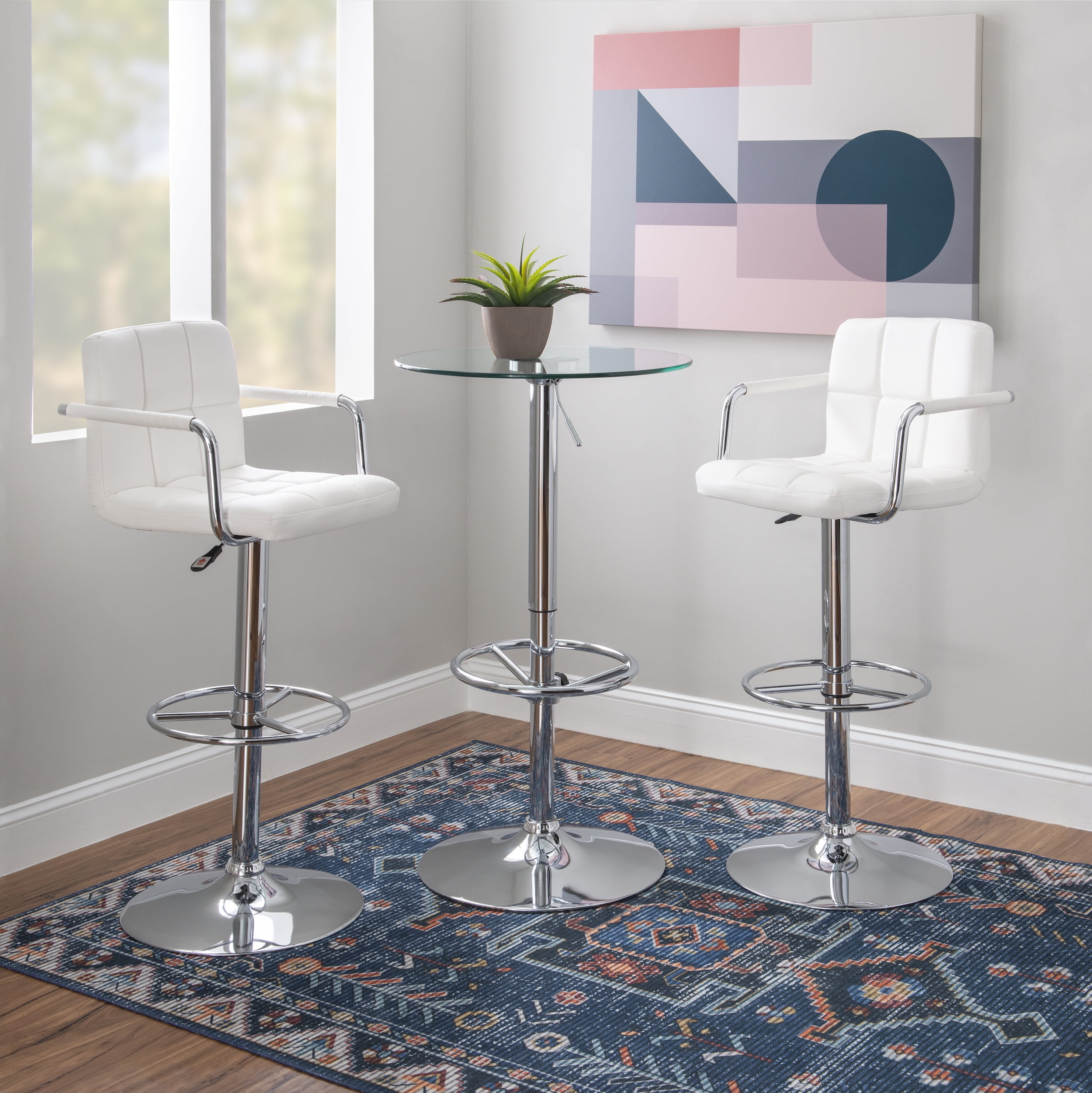 Viola 3-Piece Metal and Glass Pub Table Set, White Faux Leather