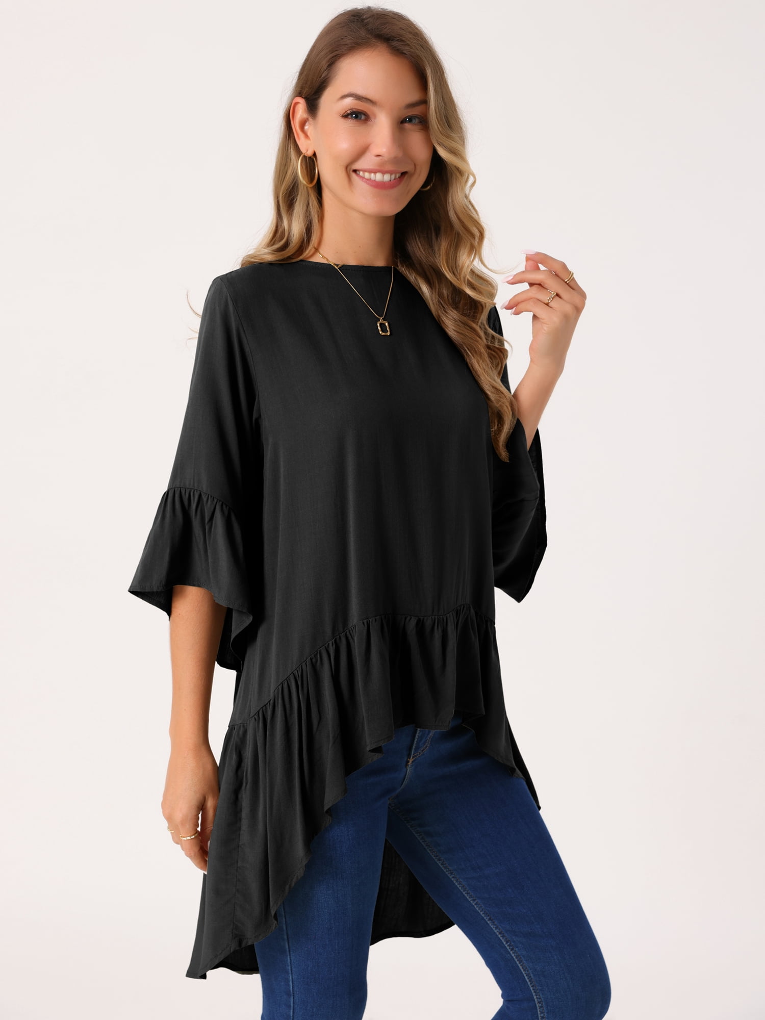 DARING DIVA Women's High Low 3/4 Bell Sleeve Ruffle Hem Blouse S Blacks