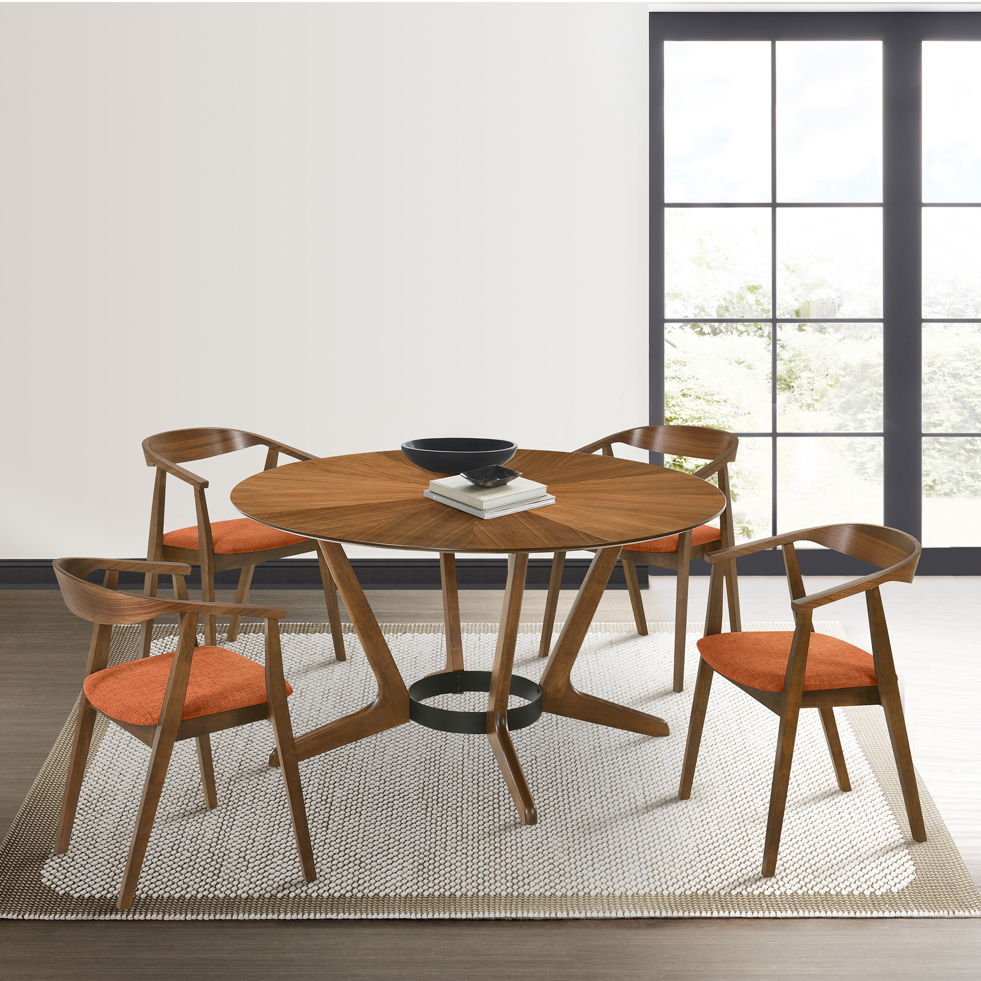 Santana Wood Dining Chair in Walnut Finish with Orange Fabric - Set of 6