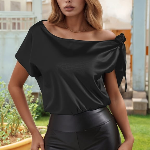 Conairie Off The Shoulder Top For Womens Short Sleeve Solid Loose Shirts Comfy Soft Summer Fashion Casual Blouses Black L