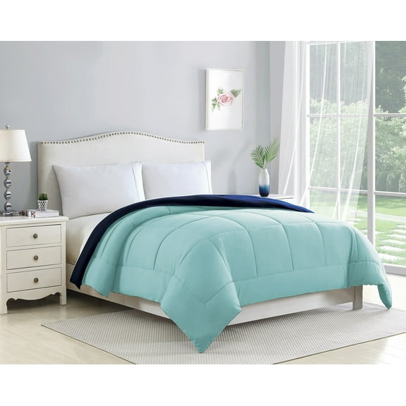 Bibb Home 2-Tone Reversible Down Alternative Comforter - 4 Colors - Navy/Aqua - Full/Queen
