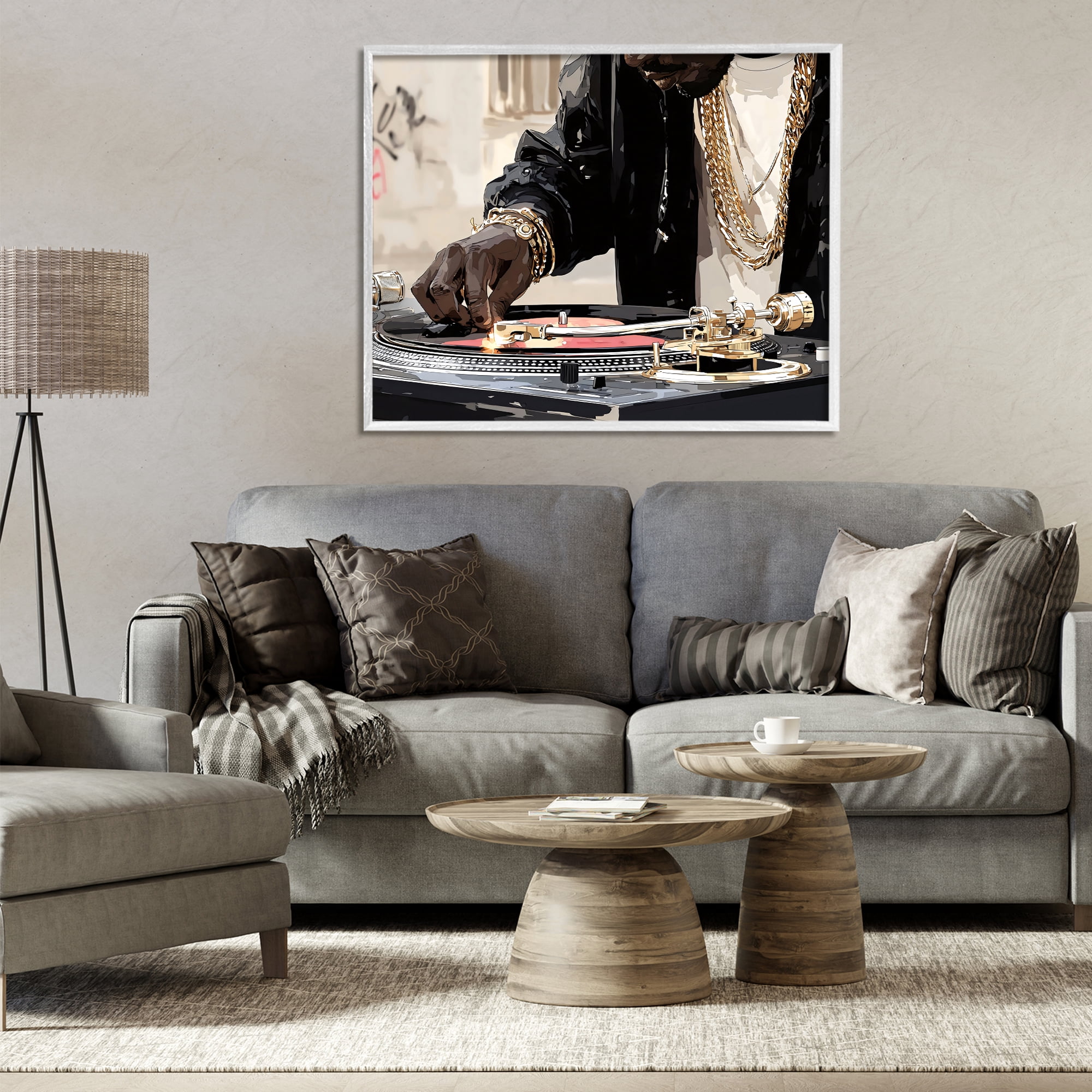 Stupell Industries Golden Touch on DJ's Turntable White Framed Giclee Art, design by Franklyn Gregory