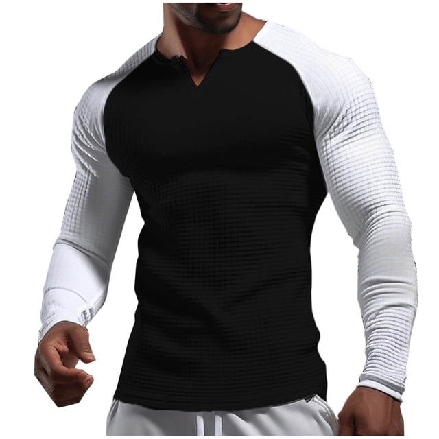 Birdeem Mens Fashion Casual Pullover Solid Color Splice Long Sleeve V-Neck Blouses