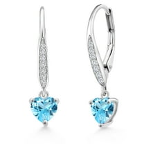 Gem Stone King 925 Sterling Silver Swiss Blue Topaz and White Lab Grown Diamond Leverback Dangle Drop Earrings for Women (2.00 Cttw, Gemstone November Birthstone, Heart Shape 6MM)