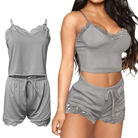 Gray Women Intimates Accessories  Womens Pajama Sets Soft Lace Trim Lingerie Sleepwear 2 Piece Shorts Set Neck Pj Nightwear Bridal Gifts Women s Bra & Brief Sets S