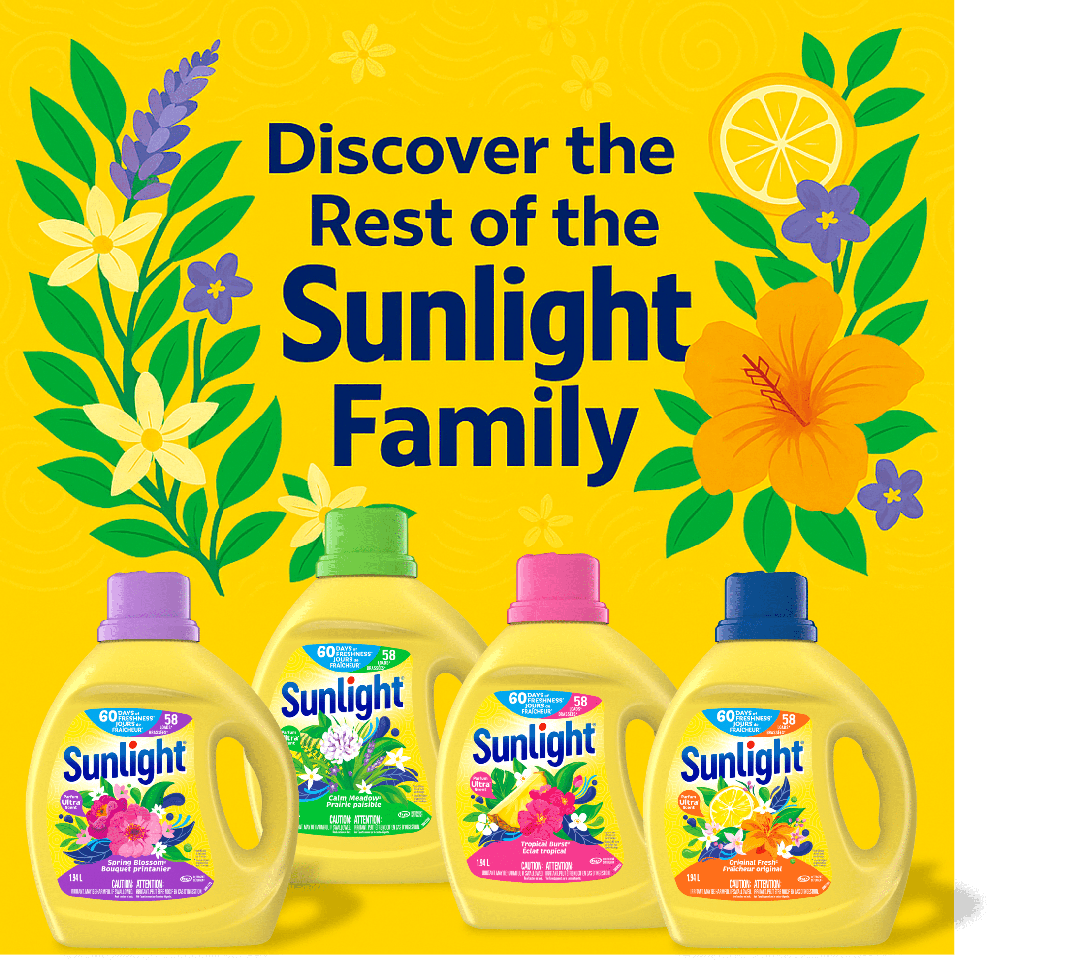Sunlight® Tropical Burst Concentrated Liquid Laundry Detergent, 1.94L, 58 Wash Loads, up to 60 Days of Freshness, Fights Malodors, HE Compatible
