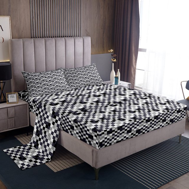Erosebridal Modern Geometric Bed Sheets Set King Size, Chic Check Bed Sheets King, Minimalism Minimalst Sheet Set King, Ultra Soft Room Decorative, 4pcs