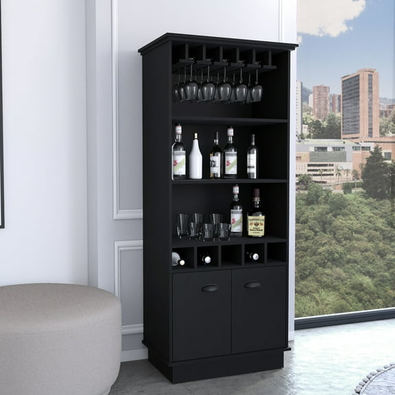 Modern 70-inch Black Cabinet With 5 And 3 Open Shelves High 10-glass Bar - White