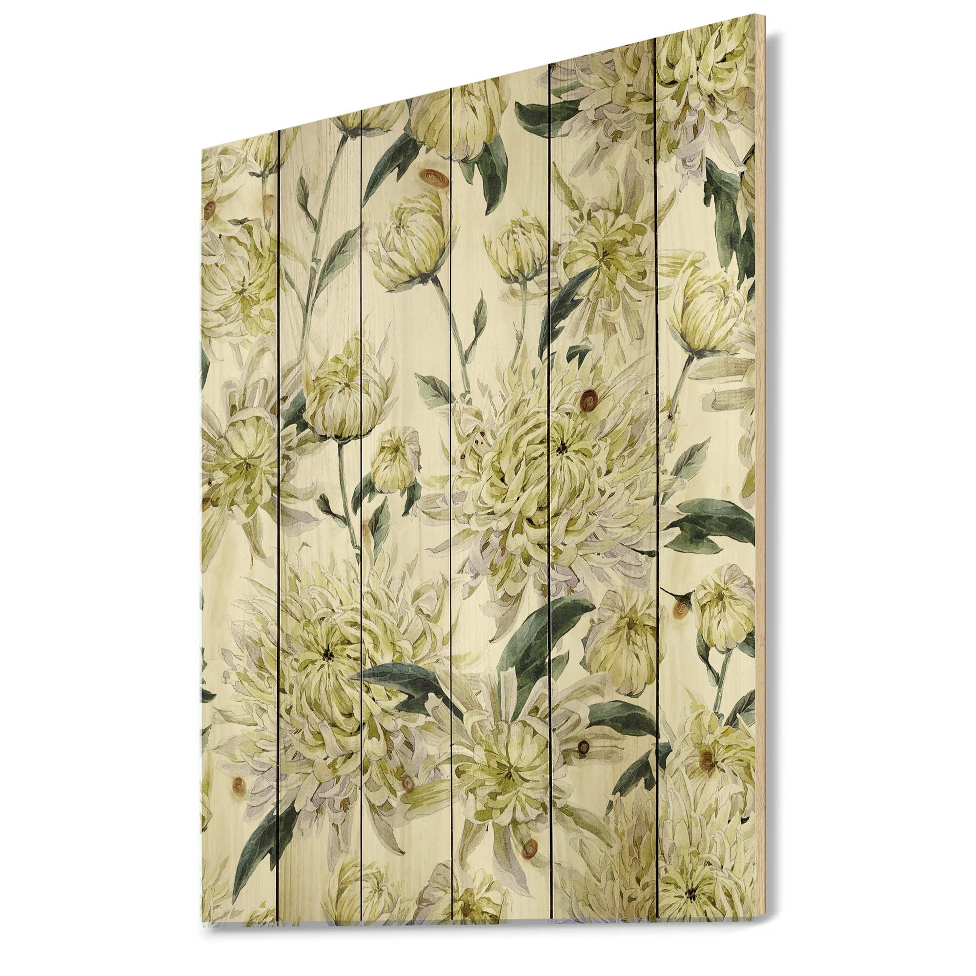 Designart 'Ancient Yellow Chrysanthemus I' Traditional Print on Natural Pine Wood