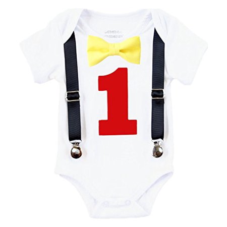 Noah S Boytique Boys First Birthday Black Suspenders Yellow Bow Red