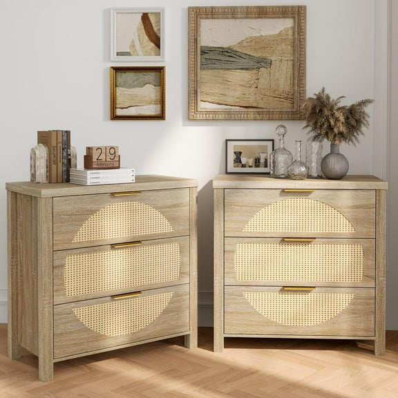 FUSUNBAO 3 Drawer Night Stand Set of 2, Nightstands with Drawer Storage Bedside Table Boho End Table with Thickened Wooden Frame & Gold Handles,Sofa Table,for Hallway,kitchenette