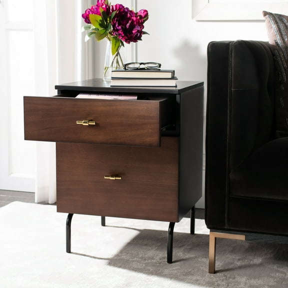 SAFAVIEH Genevieve Mid-Century Retro 2 Drawer Nightstand, Walnut/Black