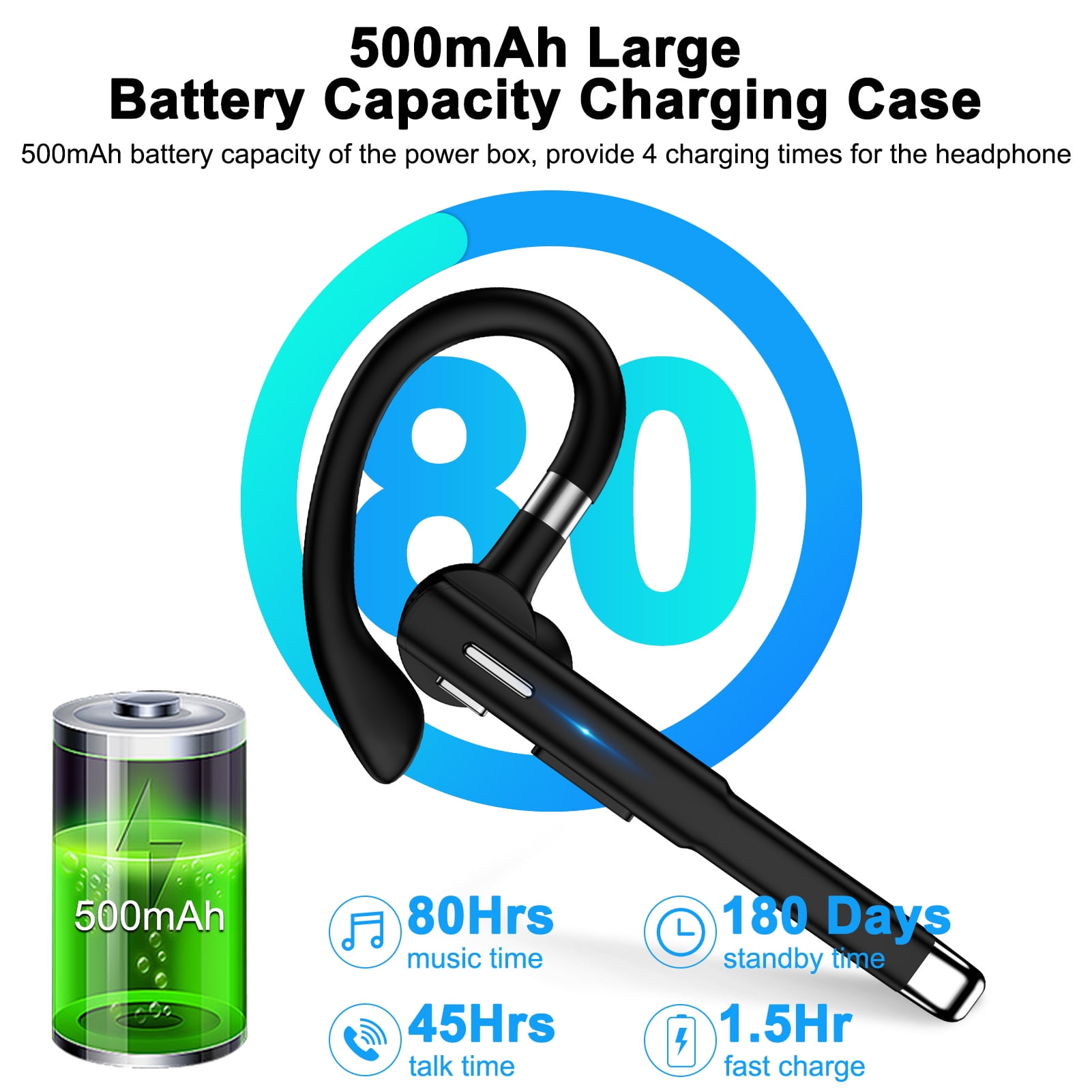 Bluetooth Headset,Wireless Bluetooth Earpiece for Cell Phone W 500mAh Charging Case 180Hrs Standby Time Built-in Microphone for iPhone,Android,Business Hands-Free Headphones for Truckers,Driver