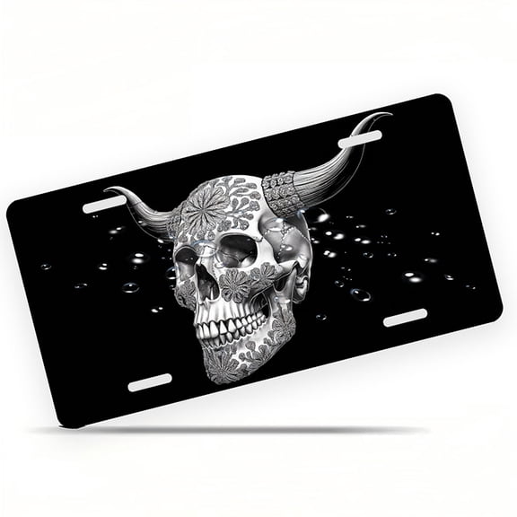 Ornate Horned Skull Funny Personalized License Plate Rust-proof Stainless Steel Metal License Plate Suitable For Men And Women 12.2" x 6.2"