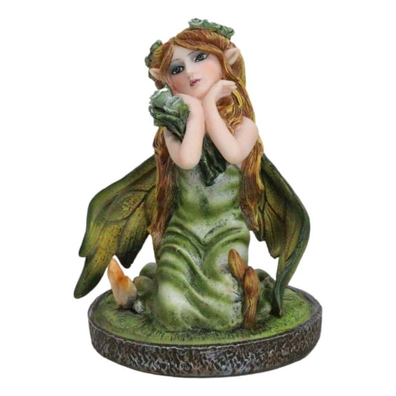 Kneeling Green Ivy Gaia Earth Fairy With Crystal Ball On Garden Small Figurine