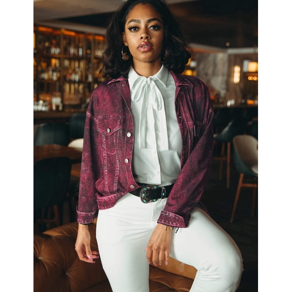 Mrs Momma Bear Long-Sleeve Printed Denim Athleisure Red, Denim Jacket (Women's)