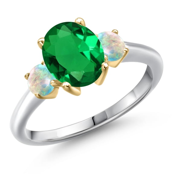 Gem Stone King 925 Silver and 10K Yellow Gold Green Nano Emerald and Simulated White Opal Engagement Ring for Women | 2.00 Cttw | Oval 9X7MM | Gemstone May Birthstone | Size 8