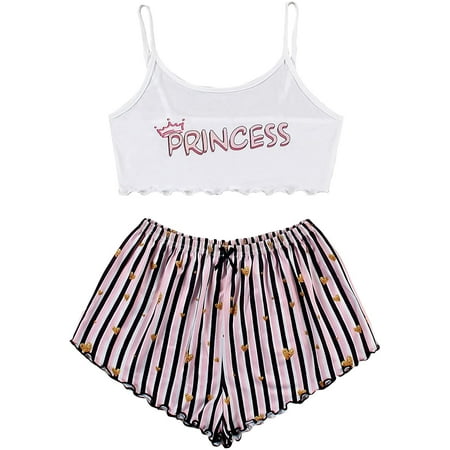 

ZWUYIYHJ Women s Cartoon Print Lettuce Trim Cami Top and Shorts Cute Pajama Set Sleepwear