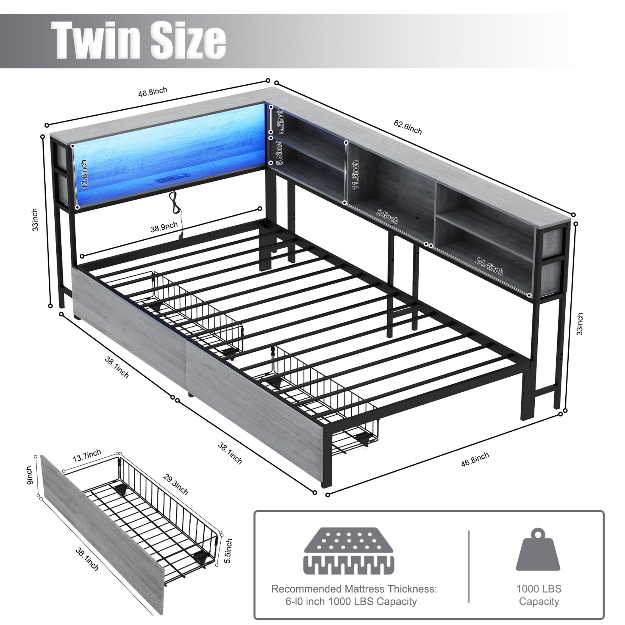 AENKYO Twin Size Corner Daybed Frame with 2 Drawers, Bookcase Headboard, Charging Station, and Smart LED Lights, Gray