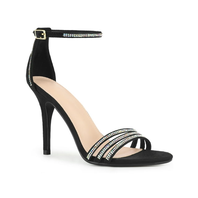 BLISSFUL STEP Sandales à Talons Aiguilles pour Femmes à Bout Rond avec Bride à la Cheville Ornée de Strass Noires (Taille 7)
