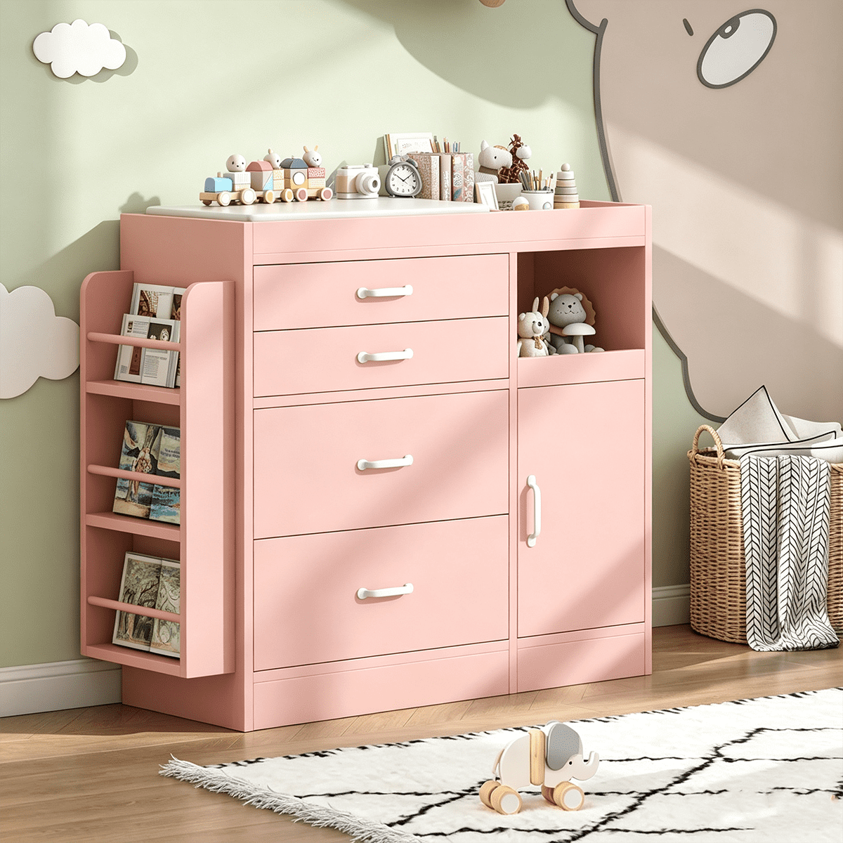 Winkalon Baby Changing Table, Pink Nursery Dresser with Drawes and Cabinets, Baby Dresser Chest with Changing Table Top and Storage, 47.2'' Large Diaper Changing Station for Infants Daycare