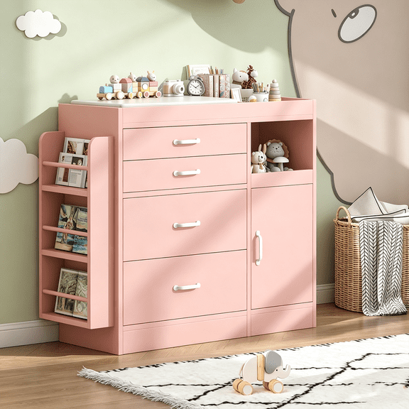 Winkalon Baby Changing Table, Pink Nursery Dresser with Drawes and Cabinets, Baby Dresser Chest with Changing Table Top and Storage, 47.2'' Large Diaper Changing Station for Infants Daycare