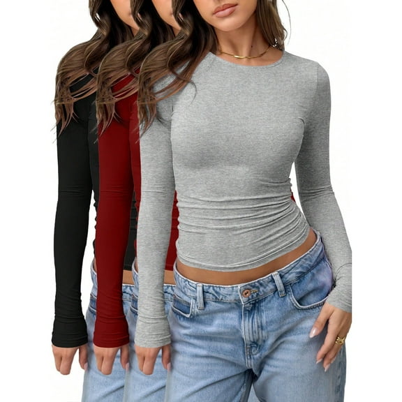 Women’s 3-Pack Cropped Athletic Tops Autumn Fitness T-Shirts Pullover Sportswear for Casual Workout Wear